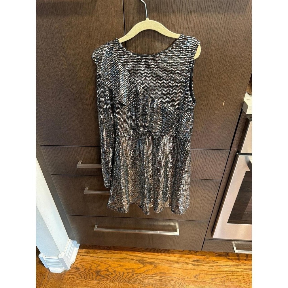 Zara silver, one-shoulder dress features ruffles and a sequin pattern girls 10